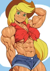 Size: 842x1191 | Tagged: suggestive, artist:pokkuti, derpibooru import, applejack, human, abs, applejacked, arm behind head, belly button, biceps, clothes, erect nipples, female, fetish, flexing, freckles, front knot midriff, hat, humanized, image, jpeg, looking at you, midriff, muscle fetish, muscles, muscular female, nipple outline, shirt, shorts, solo, sweat
