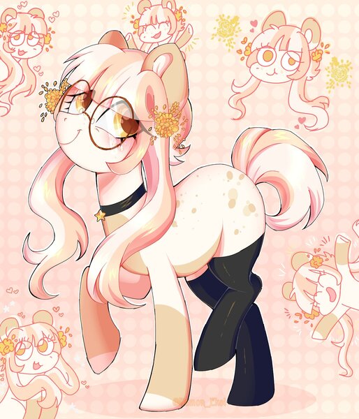 Size: 1755x2048 | Tagged: safe, artist:damon_ekel, derpibooru import, oc, unofficial characters only, earth pony, pony, clothes, female, glasses, image, jpeg, looking back, mare, smiling, socks, solo, thigh highs