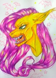 Size: 1474x2048 | Tagged: semi-grimdark, artist:damon_ekel, derpibooru import, fluttershy, bat pony, pony, bat ponified, blood, bust, female, flutterbat, image, jpeg, mare, race swap, sharp teeth, solo, teeth, traditional art