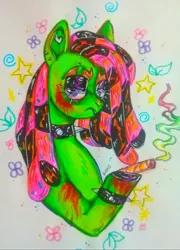 Size: 2348x3258 | Tagged: semi-grimdark, artist:damon_ekel, derpibooru import, tree hugger, earth pony, pony, blood, bracelet, choker, drugs, ear piercing, earring, eyebrow piercing, eyeshadow, female, hoof hold, image, jewelry, jpeg, lidded eyes, looking at you, makeup, mare, marijuana, piercing, smoke, solo, spiked choker, traditional art