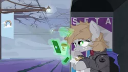 Size: 4000x2250 | Tagged: safe, artist:aaronmk, derpibooru import, oc, oc:littlepip, fallout equestria, alternate universe of an alternate universe, backpack, cable car, clothes, cloudsdale flag, coffee, cup, eating, fog, food, hoagie, image, levitation, magic, magic glow, mobile phone, morning, phone, png, sandwich, scarf, streetlight, telekinesis, tired, tree, vape pen, vector