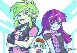Size: 1615x1125 | Tagged: safe, artist:babtyu, cherry crash, mystery mint, watermelody, equestria girls, abstract background, clothes, ear piercing, earring, image, jacket, jewelry, jpeg, piercing, scarf