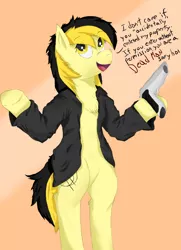 Size: 1300x1800 | Tagged: safe, artist:fdv.alekso, ponybooru import, oc, oc:leslie fair, unofficial characters only, earth pony, pony, anarcho-capitalism, bipedal, chest fluff, clothes, dialogue, female, golden eyes, gun, handgun, image, jacket, mare, open mouth, pistol, png, solo, weapon
