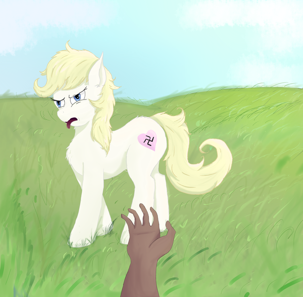 Size: 2500x2450 | Tagged: safe, artist:fdv.alekso, ponybooru import, oc, oc:aryanne, unofficial characters only, earth pony, human, dark skin, field, grass, grass field, hand, image, nazi, off screen character, png, swastika