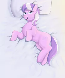 Size: 2500x3000 | Tagged: safe, artist:fdv.alekso, ponybooru import, diamond tiara, earth pony, pony, bed, image, laying on bed, looking at you, on bed, pillow, png, solo