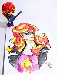 Size: 1536x2048 | Tagged: safe, artist:babtyu, sunset shimmer, equestria girls, bust, cutie mark, doll, electric guitar, equestria girls minis, guitar, image, jpeg, musical instrument, pencil drawing, photo, portrait, toy, traditional art