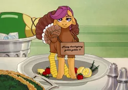 Size: 3508x2480 | Tagged: safe, artist:elberas, derpibooru import, scootaloo, pegasus, pony, cute, cutealoo, holiday, image, plate, platter, png, scootachicken, scootaloo is not amused, sign, solo, table, thanksgiving, unamused