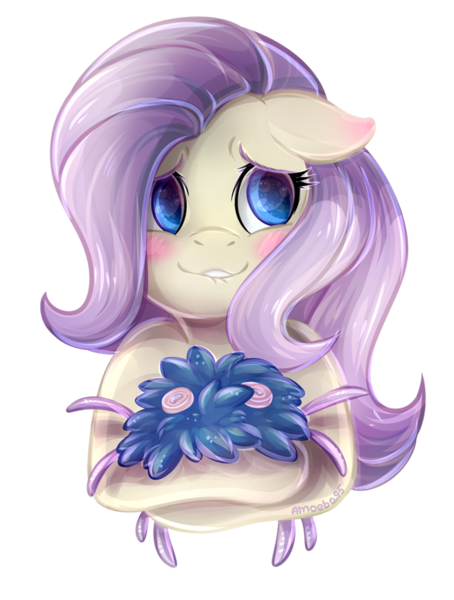 Size: 585x773 | Tagged: safe, artist:amoeba95, artist:jumblehorse, fluttershy, blushing, image, lip bite, plant, png, simple background, transparent background