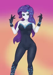 Size: 1280x1812 | Tagged: safe, artist:lennondash, derpibooru import, rarity, equestria girls, equestria girls series, the other side, bare shoulders, breasts, busty rarity, cleavage, clothes, female, gloves, hairpin, image, jpeg, lidded eyes, looking at you, sexy, simple background, sleeveless, smiling, solo, strapless, stupid sexy rarity, unitard