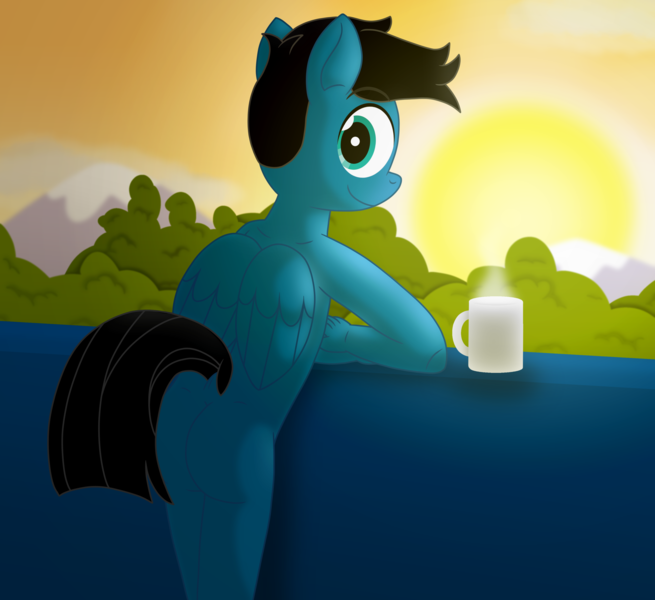 Size: 7200x6600 | Tagged: questionable, artist:agkandphotomaker2000, derpibooru import, oc, oc:pony video maker, anthro, pegasus, plantigrade anthro, pony, butt, casual nudity, coffee, coffee mug, dock, folded wings, image, looking at you, male, mountain, mug, nudity, pegasus booty, png, scenery, solo, solo male, sunrise, tail, tree bushes, wings