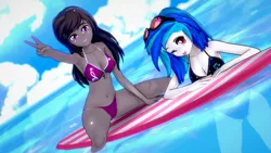 Size: 1920x1080 | Tagged: suggestive, artist:ratachu666, derpibooru import, octavia melody, vinyl scratch, equestria girls, 3d, belly button, bikini, breasts, cleavage, clothes, duo, duo female, erect nipples, female, image, koikatsu, looking at you, nipple outline, ocean, one eye closed, peace sign, png, smiling, smiling at you, surfboard, swimsuit, tongue out, wink, winking at you