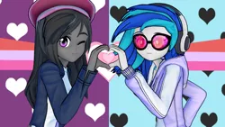 Size: 1920x1080 | Tagged: safe, artist:ratachu666, derpibooru import, octavia melody, vinyl scratch, equestria girls, 3d, clothes, duo, hat, headphones, heart hands, hoodie, image, koikatsu, looking at you, one eye closed, png, smiling, smiling at you, sunglasses, wink, winking at you