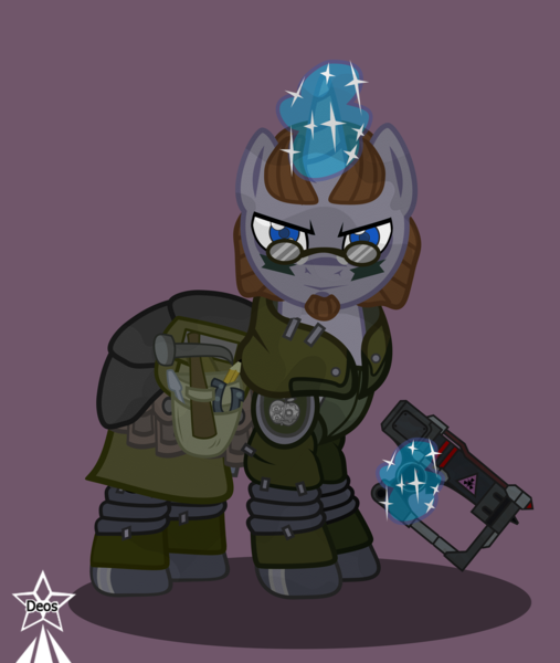 Size: 4245x5021 | Tagged: safe, artist:devorierdeos, derpibooru import, oc, unofficial characters only, unicorn, fallout equestria, beard, blue eyes, facial hair, glow, glowing horn, hammer, horn, image, laser pistol, png, scribe, scribe robe, sideburns, simple background, steel ranger, unicorn oc
