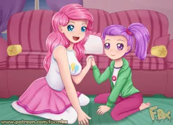 Size: 3425x2480 | Tagged: safe, artist:focusb, derpibooru import, lily pad (equestria girls), pinkie pie, equestria girls, equestria girls series, pinkie sitting, barefoot, clothes, duo, feet, high res, holding hands, house, human coloration, image, indoors, jacket, jpeg, looking at you, open mouth, open smile, pants, patreon, shirt, skirt, smiling