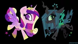 Size: 1920x1080 | Tagged: safe, artist:spacekitsch, derpibooru import, princess cadance, queen chrysalis, alicorn, changeling, changeling queen, pony, crown, duo, duo female, female, hoof shoes, image, jewelry, jpeg, mare, peytral, regalia, smiling