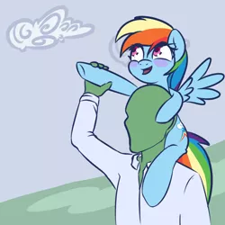 Size: 2000x2000 | Tagged: safe, artist:plaguemare, derpibooru import, rainbow dash, oc, oc:anon, human, pegasus, pony, blushing, clothes, cloud, female, happy, image, male, mare, piggyback ride, png, shirt, wings