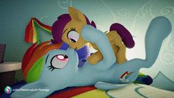Size: 1920x1080 | Tagged: suggestive, artist:plumage, derpibooru import, rainbow dash, scootaloo, pegasus, pony, 3d, age difference, animated, bed, blank flank, blinking, download at source, eyes closed, female, filly, foalcon, french kiss, grabbing, hesitant, image, kissing, laying on bed, lesbian, looking at each other, loop, lying down, mane, mare, mare on filly, not sfm, nudity, on back, on bed, open mouth, rainbow dash's bedroom, rainbow dash's house, red eyes, scootadash, shipping, size difference, smiling, spread wings, tail, teasing, tongue out, tongue play, underage, unity, unity (game engine), webm, wings