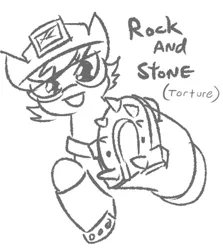 Size: 377x422 | Tagged: safe, artist:jargon scott, derpibooru import, oc, unofficial characters only, earth pony, pony, deep rock galactic, goggles, grayscale, helmet, horseshoes, image, miner, mining helmet, monochrome, png, safety goggles, simple background, smiling, solo, spikes, underhoof, white background