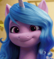 Size: 550x600 | Tagged: safe, derpibooru import, screencap, izzy moonbow, sunny starscout, pony, unicorn, my little pony: a new generation, spoiler:g5, spoiler:my little pony: a new generation, animated, blue mane, cropped, cute, eyebrows, female, g5, gif, horn, image, izzybetes, looking at you, mare, nodding, offscreen character, open mouth, open smile, smiling, solo focus