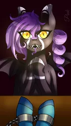 Size: 720x1280 | Tagged: safe, artist:clown-bread, derpibooru import, oc, unofficial characters only, bat pony, pony, bat pony oc, bat wings, chains, female, image, jpeg, male, male pov, mare, offscreen character, offscreen male, pov, slit pupils, smiling, wings