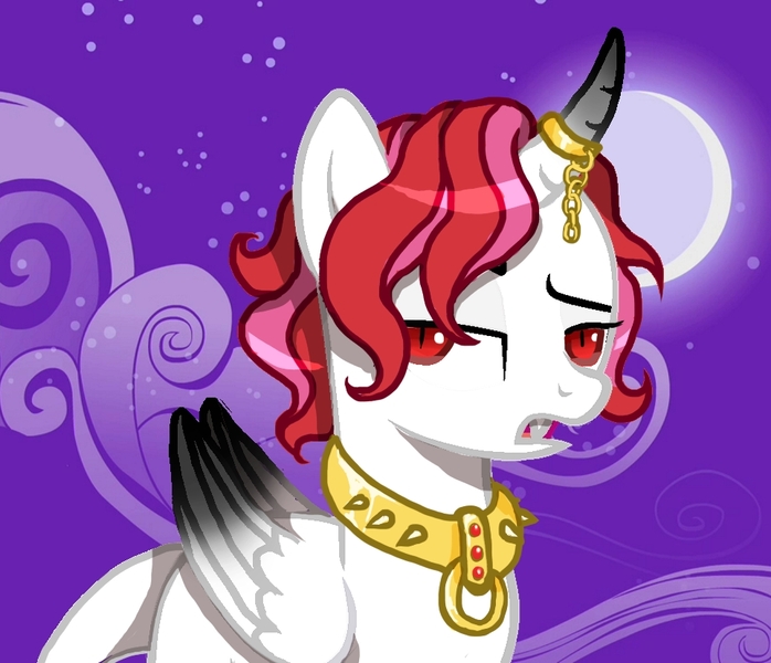 Size: 964x829 | Tagged: safe, artist:clown-bread, derpibooru import, oc, unofficial characters only, alicorn, pony, alicorn oc, base used, collar, full moon, horn, horn ring, image, jewelry, jpeg, male, moon, outdoors, ring, slit pupils, stallion, stars, wings