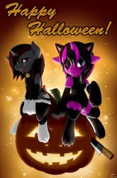 Size: 1597x2424 | Tagged: safe, artist:renatethepony, derpibooru import, oc, unofficial characters only, pony, unicorn, clothes, crossdressing, duo, halloween, holiday, horn, image, jack-o-lantern, maid, male, png, pumpkin, smiling, stallion, unicorn oc