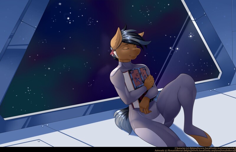 Size: 1280x824 | Tagged: safe, artist:renatethepony, derpibooru import, oc, unofficial characters only, anthro, earth pony, unguligrade anthro, book, clothes, earth pony oc, eyes closed, image, indoors, jpeg, male, sitting, smiling, space