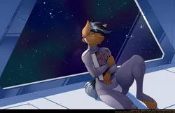 Size: 1280x824 | Tagged: safe, artist:renatethepony, derpibooru import, oc, unofficial characters only, anthro, earth pony, unguligrade anthro, book, clothes, earth pony oc, eyes closed, image, indoors, jpeg, male, sitting, smiling, space