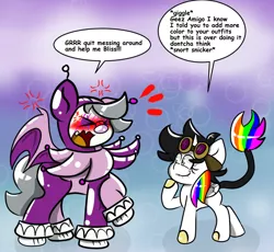 Size: 1024x943 | Tagged: safe, artist:tranzmuteproductions, derpibooru import, oc, oc:tranzmute, unofficial characters only, alicorn, bat pony, pony, abstract background, alicorn oc, angry, bat pony oc, bat wings, cross-popping veins, dialogue, eyelashes, female, goggles, horn, image, laughing, male, mare, png, stallion, wings