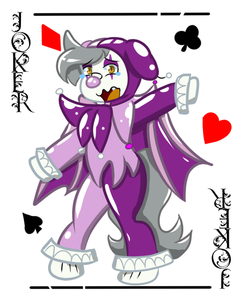 Size: 768x994 | Tagged: safe, artist:tranzmuteproductions, derpibooru import, oc, oc:tranzmute, unofficial characters only, bat pony, pony, bat pony oc, bat wings, card, clown, clown nose, image, jester, latex, latex suit, male, png, smiling, stallion, wings