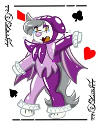 Size: 768x994 | Tagged: safe, artist:tranzmuteproductions, derpibooru import, oc, oc:tranzmute, unofficial characters only, bat pony, pony, bat pony oc, bat wings, card, clown, clown nose, image, jester, latex, latex suit, male, png, smiling, stallion, wings