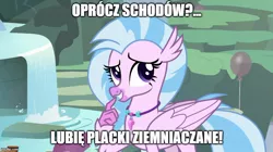Size: 888x499 | Tagged: safe, derpibooru import, edit, edited screencap, screencap, silverstream, classical hippogriff, hippogriff, female, image, jewelry, jpeg, meme, necklace, poland, polish, potato pancakes, solo, stairs, text, that hippogriff sure does love stairs