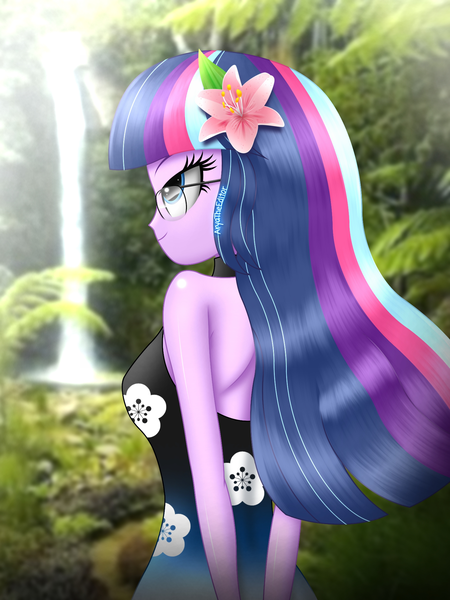 Size: 1500x2000 | Tagged: safe, artist:aryatheeditor, derpibooru import, sci-twi, twilight sparkle, equestria girls, bare shoulders, beautiful, bedroom eyes, bust, clothes, cute, digital art, dress, element of magic, female, flower, flower in hair, forest, geode of telekinesis, glasses, high res, image, jewelry, looking up, magical geodes, outfit, png, pose, powerful sparkle, purple hair, shiny, sleeveless, sleeveless dress, sleeveless turtleneck, smiling, solo, tree, twiabetes, waterfall