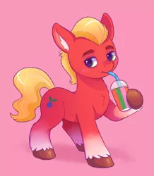 Size: 734x842 | Tagged: safe, artist:freyo, artist:freyofelt, derpibooru import, sprout cloverleaf, earth pony, pony, my little pony: a new generation, chest fluff, coat markings, drink, ear fluff, g5, hoof hold, image, male, pink background, png, raised tail, simple background, socks (coat marking), solo, solo male, stallion, tail, unshorn fetlocks