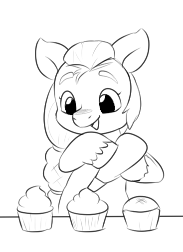 Size: 367x504 | Tagged: safe, artist:freyofelt, derpibooru import, sunny starscout, earth pony, pony, black and white, cupcake, decorating, female, food, g5, grayscale, hoof hold, icing bag, image, mare, monochrome, png, simple background, sketch, solo, white background