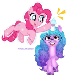 Size: 878x1000 | Tagged: safe, artist:jennieoo, derpibooru import, izzy moonbow, pinkie pie, earth pony, pony, unicorn, cupcake, food, g5, glasses, happy, image, magic, png, smiling