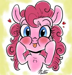 Size: 1322x1386 | Tagged: safe, artist:smirk, derpibooru import, pinkie pie, :p, blushing, bust, caricature, cute, heart, image, png, solo, tongue out