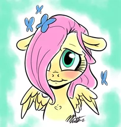 Size: 1322x1386 | Tagged: safe, artist:smirk, derpibooru import, fluttershy, butterfly, insect, blushing, bust, caricature, image, png, solo, wings
