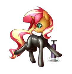 Size: 1050x1080 | Tagged: suggestive, artist:latexcut1e, derpibooru import, sunset shimmer, pony, unicorn, air pump, blushing, ear fluff, female, grin, happy, hose, image, latex, latex suit, looking back, mare, png, poofsuit, pump, rubber, shiny, simple background, smiling, solo, transparent background