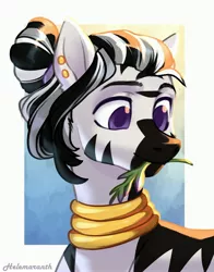 Size: 3008x3839 | Tagged: safe, artist:helemaranth, derpibooru import, oc, unofficial characters only, zebra, ear piercing, earring, image, jewelry, jpeg, mouth hold, piercing, smiling, solo
