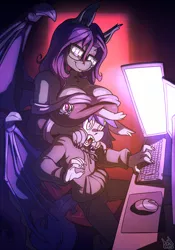 Size: 910x1300 | Tagged: suggestive, artist:atryl, derpibooru import, oc, oc:dusk rhine, oc:vesper measure, anthro, bat pony, big breasts, boobhat, breasts, caught, chair, choker, cleavage, clothes, computer, computer screen, female, glasses, hands on shoulder, hoodie, huge breasts, image, keyboard, looking down, male, milf, mother and child, mother and son, png, room, seductive look, seductive pose