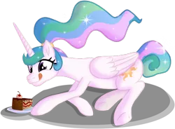 Size: 844x620 | Tagged: safe, artist:schattenspielrex, derpibooru import, princess celestia, alicorn, pony, alternate hairstyle, cake, cakelestia, cute, cutelestia, female, food, image, licking, licking lips, lying down, missing accessory, png, ponytail, prone, simple background, solo, tongue out, transparent background, underhoof
