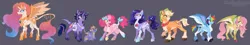 Size: 4308x782 | Tagged: safe, artist:dogstoof, derpibooru import, applejack, fluttershy, pinkie pie, princess celestia, rainbow dash, rarity, spike, twilight sparkle, alicorn, classical unicorn, dragon, earth pony, pegasus, pony, unicorn, alternate design, bag, bow, chest fluff, cloven hooves, colored hooves, earth pony rarity, facial hair, female, flower, flower in hair, glasses, goatee, hair bow, heart eyes, image, jewelry, leonine tail, male, mane seven, mane six, mare, multicolored hooves, png, saddle bag, tail, tail bow, tail feathers, tail jewelry, twitterina design, unicorn pinkie pie, unicorn twilight, unshorn fetlocks, wingding eyes