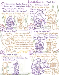 Size: 4779x6013 | Tagged: safe, artist:adorkabletwilightandfriends, derpibooru import, starlight glimmer, oc, oc:gray, comic:adorkable twilight and friends, adorkable, adorkable friends, backstory, belt, bush, butt, character development, chocolate, clothes, cold, comic, conversation, cute, dork, drink, employee, flirting, food, friendship, grocery store, happy, hitting on, hot chocolate, image, jeans, pants, plot, png, red nosed, relationship, relationship goals, shirt, sick, sitting, slice of life, smiling, smooth, smooth as butter, store, tree, work
