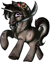 Size: 1771x2156 | Tagged: safe, artist:saby, derpibooru import, oc, oc:plankwalker, oc:sevendre, unofficial characters only, pony, unicorn, bust, canter, charging, coat markings, colored horn, derpibooru exclusive, dun, ear piercing, earring, facial markings, flared nostrils, galloping, glare, horn, image, jewelry, looking at you, male, mouth hold, piercing, png, roached mane, running, saber, scar, scarred, simple background, solo, stallion, stripe (coat marking), transparent background, underhoof, weapon