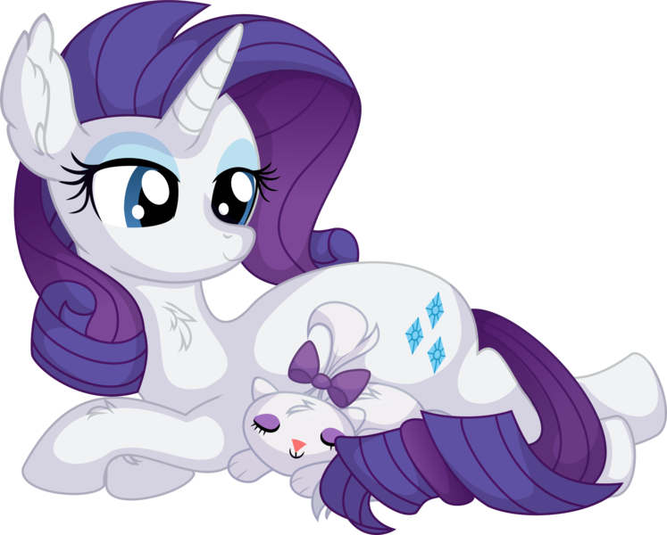 Size: 7478x6004 | Tagged: safe, artist:cyanlightning, derpibooru import, opalescence, rarity, cat, pony, unicorn, .svg available, cute, duo, ear fluff, eyes closed, female, image, mare, png, simple background, sleeping, tail, transparent background, vector