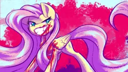 Size: 3309x1861 | Tagged: semi-grimdark, artist:lixthefork, derpibooru import, fluttershy, pegasus, pony, blood, blood on face, blood on hooves, evil grin, female, folded wings, grin, high res, image, mare, png, smiling, solo, standing, wings