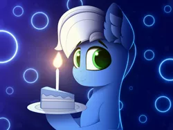 Size: 4000x3000 | Tagged: safe, artist:alexbefest, derpibooru import, oc, oc:bluejam, earth pony, pony, blue, blue background, cake, candle, commission, cute, ear fluff, food, green eyes, happy birthday, image, looking at you, neon, png, simple background, solo, white mane