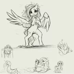 Size: 4000x4000 | Tagged: safe, artist:miokomata, derpibooru import, fluttershy, princess celestia, oc, oc:mio, alicorn, pegasus, pony, bipedal, cute, female, freckles, freckleshy, grayscale, highchair, image, jpeg, looking at you, looking back, looking back at you, lying down, mare, monochrome, one wing out, open mouth, open smile, prone, shyabetes, sketch, sketch dump, smiling, smiling at you, wings