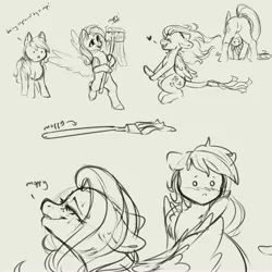 Size: 4000x4000 | Tagged: safe, artist:miokomata, derpibooru import, fluttershy, rainbow dash, pegasus, pony, bipedal, blushing, butt, cute, dancing, dot eyes, duo, female, floating heart, floppy ears, flutterbutt, fluttermop, freckles, freckleshy, grayscale, heart, image, jpeg, mare, monochrome, mop, plot, shyabetes, sketch, sketch dump